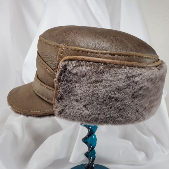 Ricardo BH Brown Leather Aviator Hat With Faux Fur Lining Elmer Fudd Ear flaps - Picture 3 of 16